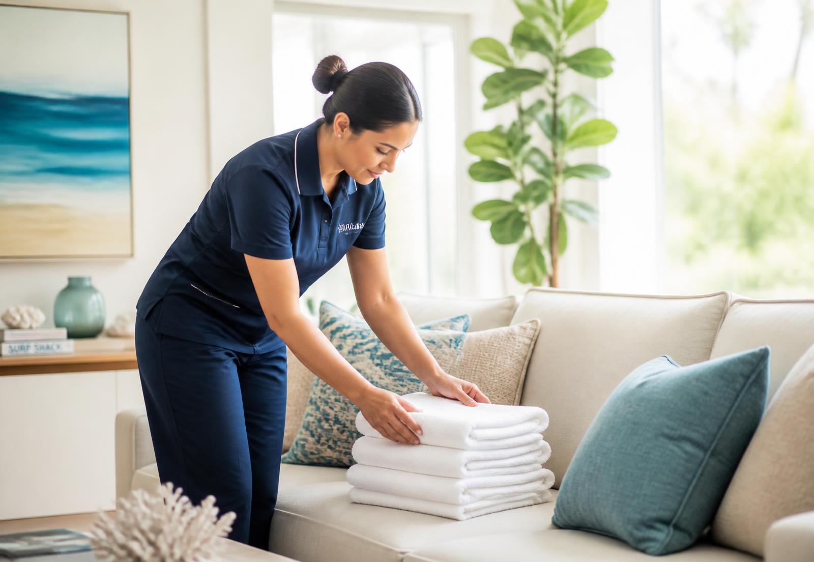 A uniformed cleaning professional finishing a spotless, sunlit living room